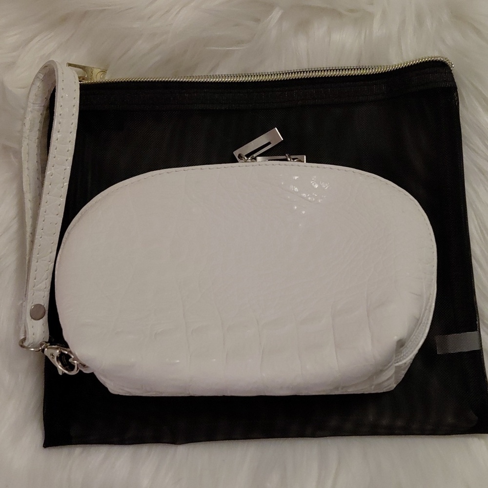 EUC Italian Leather Croc Embossed Cosmetic Bag or Wristlet Clutch, Double Zips